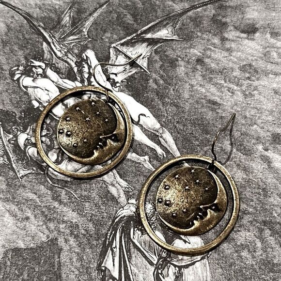 SALE Handmade Gold Brass Vintage Bohemian Moon Hoop Earrings - Picture 2 of 5